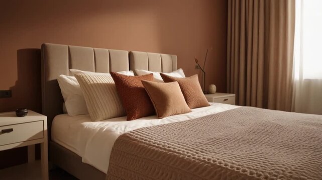 Warm-toned bedroom with textured bedding, decorative pillows and a modern nightstand