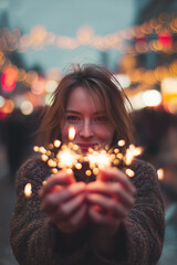 Warm evening scene with a person holding glowing sparklers against colorful festive bokeh lights