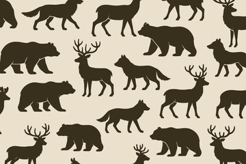 Obraz premium Seamless pattern of woodland animal silhouettes including wolves and elk