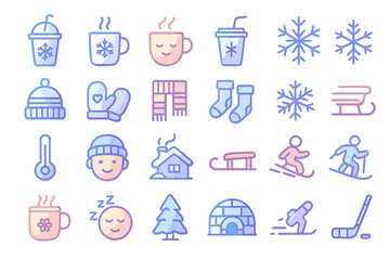 Obraz premium Neon winter icon set with cozy drinks, clothing, and snow activities