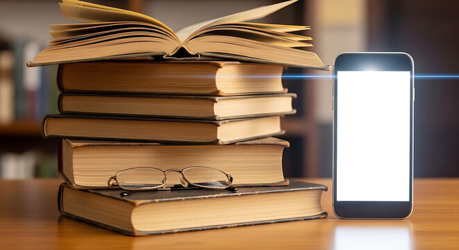 Contrasting eras of learning: a stack of aged books, reading glasses, and a sleek smartphone on a wooden table.