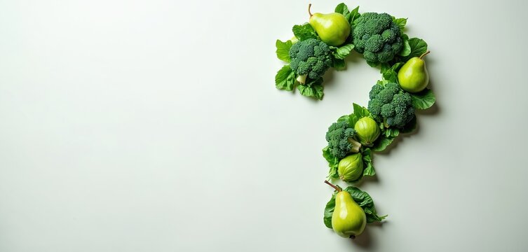 Illustration of a question mark composed of fresh vegetables and fruits. Green pears broccoli and leaves form the symbol. Healthy eating concept food for blogs and articles.