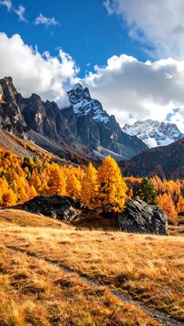 Autumnal golden grass and trees lead to distant snow-capped mountains under bright clouds in a vertical landscape