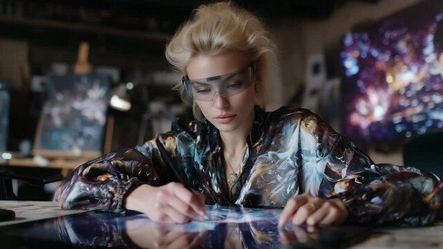 4k woman artist in a futuristic digital studio painting mid-air using gesture-controlled holographic brushes. Her studio glows with ambient colors, animated artwork forming around