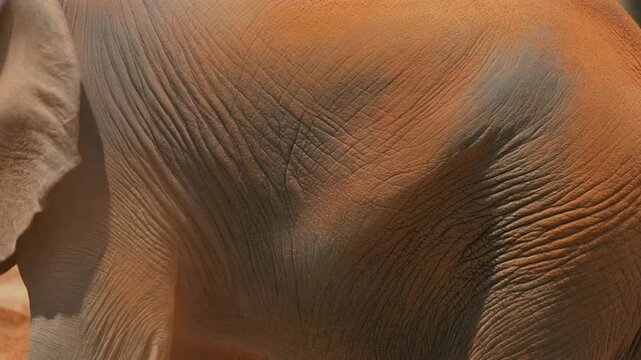 Close-up of an elephants textured skin, showcasing its rough and wrinkled surface in detail.