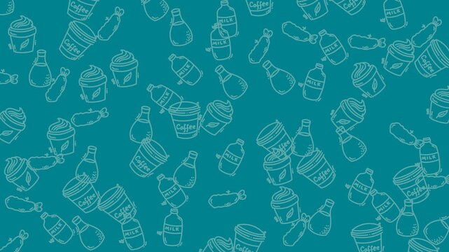 Seamless pattern with teal wallpaper, coffee cups, milk bottles, and fried shrimp drawings. Perfect for restaurant menus, packaging, textiles.