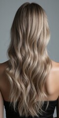 Naklejka premium Luxurious blonde curls with soft waves on a neutral background. A woman in a black top shows off her healthy hair. It is suitable for advertising shampoos, beauty salons and beauty content.