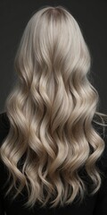 Naklejka premium Luxurious blonde curls with soft waves on a neutral background. A woman in a black top shows off her healthy hair. It is suitable for advertising shampoos, beauty salons and beauty content.