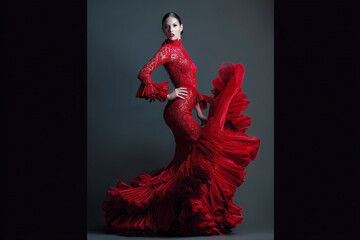 Pretty Spanish woman in red flamenco dress 