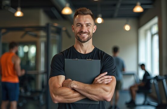 Smiling man stands in gym with clipboard. Coach poses at fitness center. Trainer looks at camera near sport equipment. Athletes train on background indoors. Healthy lifestyle concept.