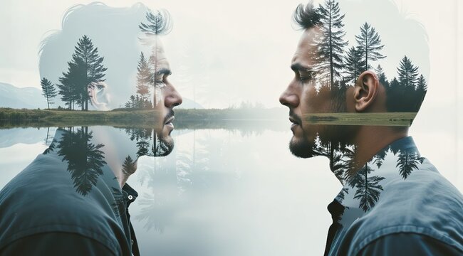 A portrait of a man fading into a tranquil landscape, double exposure, contrast between man and nature, two-dimensional image. Conservation of nature