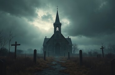 Illustration of a gothic church building in a spooky setting. The image includes a graveyard with crosses fog and ominous sky. Perfect visual for Halloween.