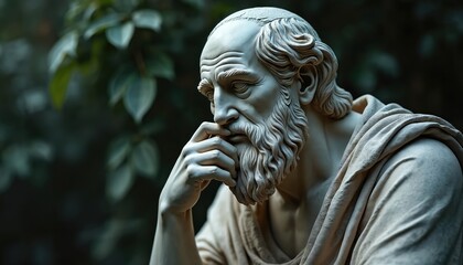 Fototapeta premium Illustration presents a stoic philosopher sculpture pondering deeply. The artwork shows an aged male figure with beard and thoughtful expression. It evokes a sense of ancient wisdom and contemplation.