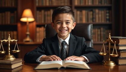 Young boy dressed as a lawyer smiling. Child in suit sits at desk with law books scales of justice. Kid dreams of legal profession in courtroom.