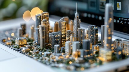 A miniature cityscape model with illuminated buildings is placed on a laptop keyboard, suggesting technology and urban development.