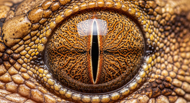 Intense Macro Shot of a Reptile's Golden Vertical Slit Eye
An extreme close-up, high-resolution photograph capturing the intricate detail of a reptile's eye