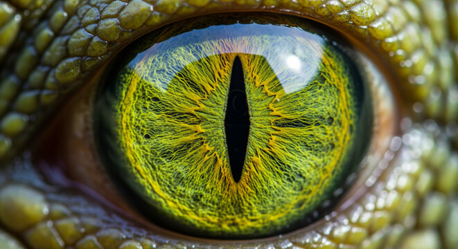 Electric Green Reptile Eye: A Neon Gaze of a Primal Hunter.
An intensely detailed macro photograph capturing the vibrant, electric neon-green color of a lizard or crocodile iris