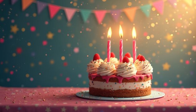 Festive birthday cake with lit candles and berries sits on a table. Decorated with colorful flags and confetti background. Celebration party dessert. - Powered by Adobe