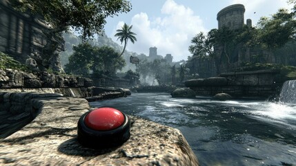 A large red button sits on a stone wall overlooking a river in a lush, tropical environment with ancient ruins and a waterfall. The scene is bathed in daylight.