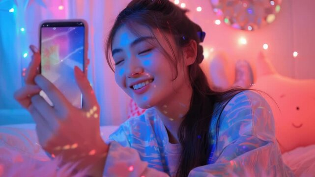Video A woman taking a selfie with her cell phone, compact and straightforward description