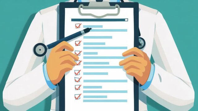 Video A medical professional reviewing patient information with a clipboard containing a checklist