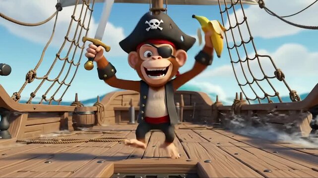 Hilarious monkey pirate with a banana and sword sailing the sea, ready for adventure and playful fun
