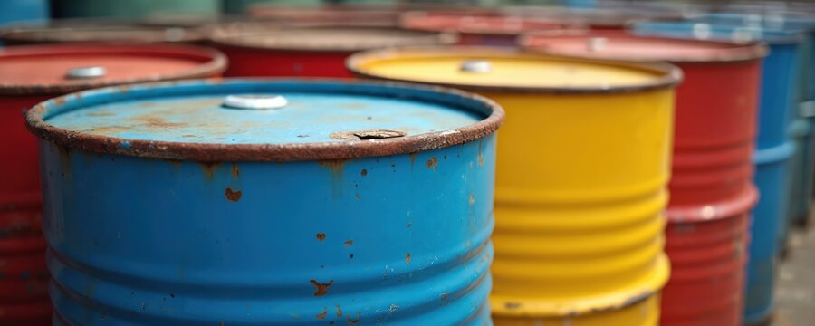 Group of old rusty metal barrels stands in row, showing significant wear, age. Blue yellow red drums store industrial liquids, chemicals. Containers for dangerous substances corroded, needing proper - Powered by Adobe