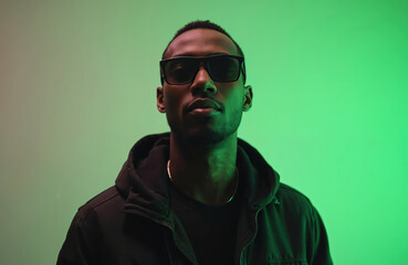 Serious Black man wears sunglasses and jacket. He stands in studio with green neon light. Portrait shot of cool male model with beard. Fashionable person.
