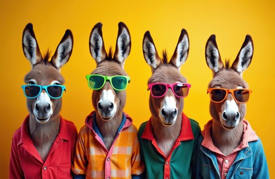 Four donkeys wear colorful outfits, sunglasses against bright yellow background. Appear ready for fun event party. Image suggests celebration, humor, quirky animal theme, perfect for diverse