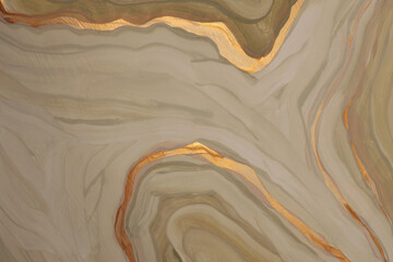 Art oil, Acrylic brush stroke smear Wave Lines strip painting. Abstract texture glow gold, bronze, beige background.