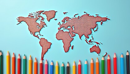 World map with textured red pattern on light blue background. Vibrant row of colorful pencils sits below map. Design global diversity, education, unity, connection, human rights. Promotes fairness,