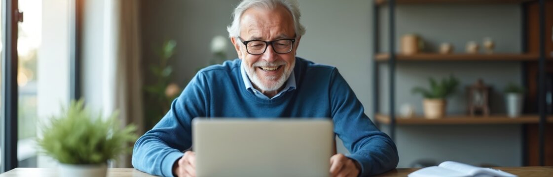 Happy smiling senior man uses laptop in home office. Elderly male person reviews financial data on computer screen, confidently managing investments. Mature businessman plans retirement, monitors - Powered by Adobe