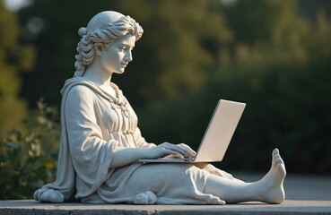 Marble statue uses modern tech laptop outdoors. Ancient greek sculpture uses portable computer. Art meets tech in garden. Classic art meets contemporary devices concept.