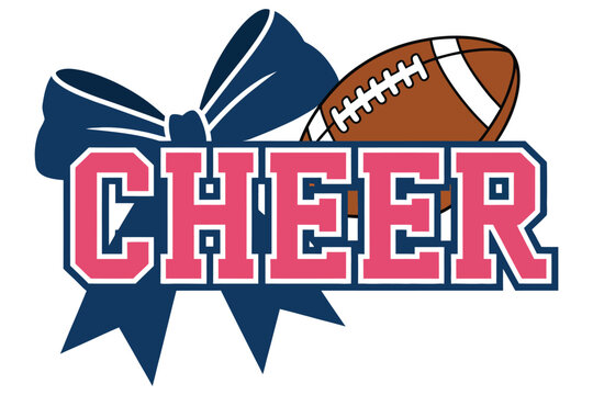 Cheer Graphic with Blue Bow and Football, bold cheerleading design featuring varsity-style pink &ldquo;CHEER&rdquo; text, large blue bow, football, school spirit, team pride, athletic celebration, pep rally, 