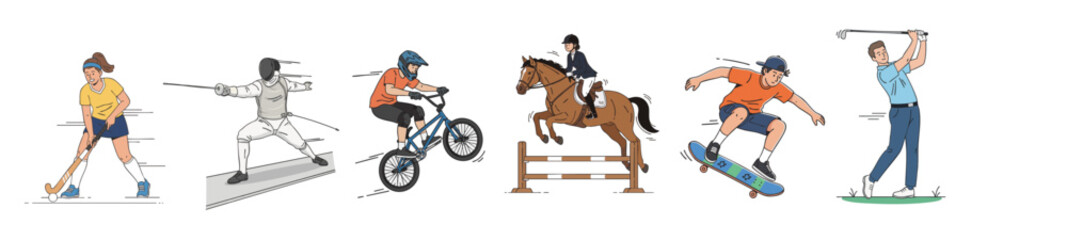 Fototapeta premium Modern athlete illustration set featuring multiple sports disciplines in energetic active poses