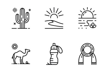 Desert icons featuring cactus camel sun water bottle and scarf