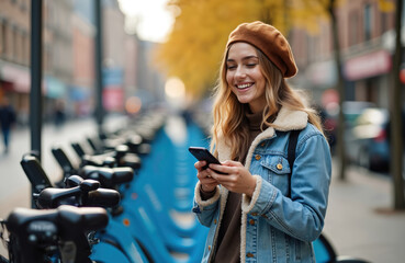 Blonde woman smiles using smartphone near rented bikes in urban setting. Female interacts with mobile phone. She wears casual clothes and beret. Bikes stand on street ready for rent.