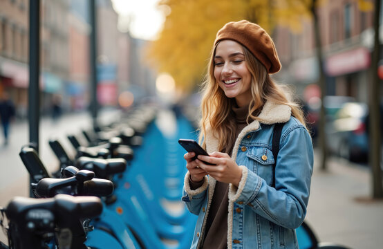 Blonde woman smiles using smartphone near rented bikes in urban setting. Female interacts with mobile phone. She wears casual clothes and beret. Bikes stand on street ready for rent.