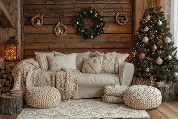 Naklejka premium Cozy Christmas living room with decorated tree, wreath, and comfortable seating, digital background ms teams, digital christmas background for ms teams