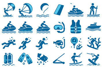 Water sports and diving icon set in aquatic blue theme