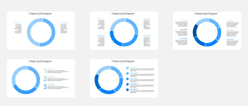 Variety of blue thin donut cycle diagram infographic templates with two three four five and six steps in flat design style