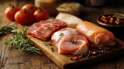 Raw pork chops and chicken breast with fresh rosemary, tomatoes, and peppercorns on rustic wooden board. Healthy cooking and meal preparation concept