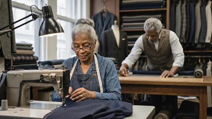Senior African American seamstress sews blue fabric intently. Elderly woman in glasses operates vintage sewing machine. Mature tailor man measures cloth roll in background.