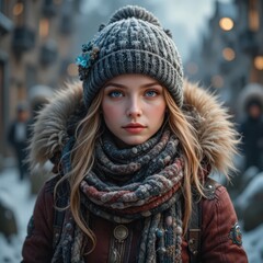 Close-up Portrait of a Serious Young Woman in Winter Knit Hat and Fur Coat on a Snowy City Street