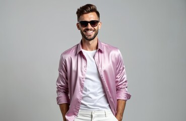 Obraz premium Young man wears trendy sunglasses and a shiny pink silk shirt over a white t-shirt. He smiles happily, posing in a studio with white pants. Style and summer fashion concept with copy space.