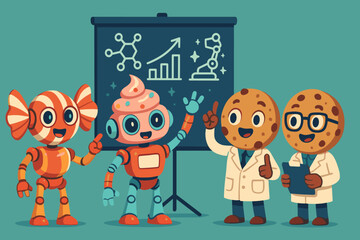 Robots and scientists collaborate at a cheerful presentation about technology and snacks