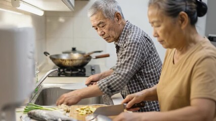 Senior Asian couple cleans fresh fish together. Elderly man chops ginger at sink. Mature woman prepares dinner in modern kitchen. Husband and wife cook seafood meal happily. - Powered by Adobe