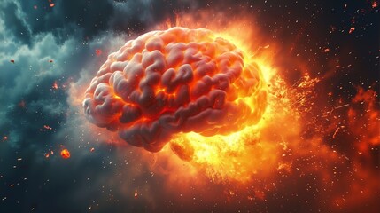 Human brain glowing with intense orange and yellow energy, surrounded by sparks and smoke against a dark background. Mental power and innovative thinking banner with copy space