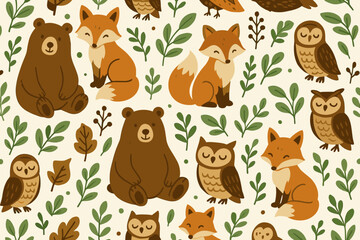 Fototapeta premium Adorable woodland animal pattern with bears, foxes, owls, and forest leaves