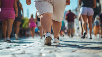 Overweight person walking on paved street with other blurred people in background. Overweight Issues, urban lifestyle and daily commute